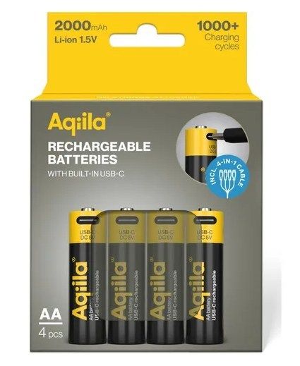 Aqiila AA batterij Oplaadbaar USB-C 2000 mAh Li-Ion 1,5V 4x