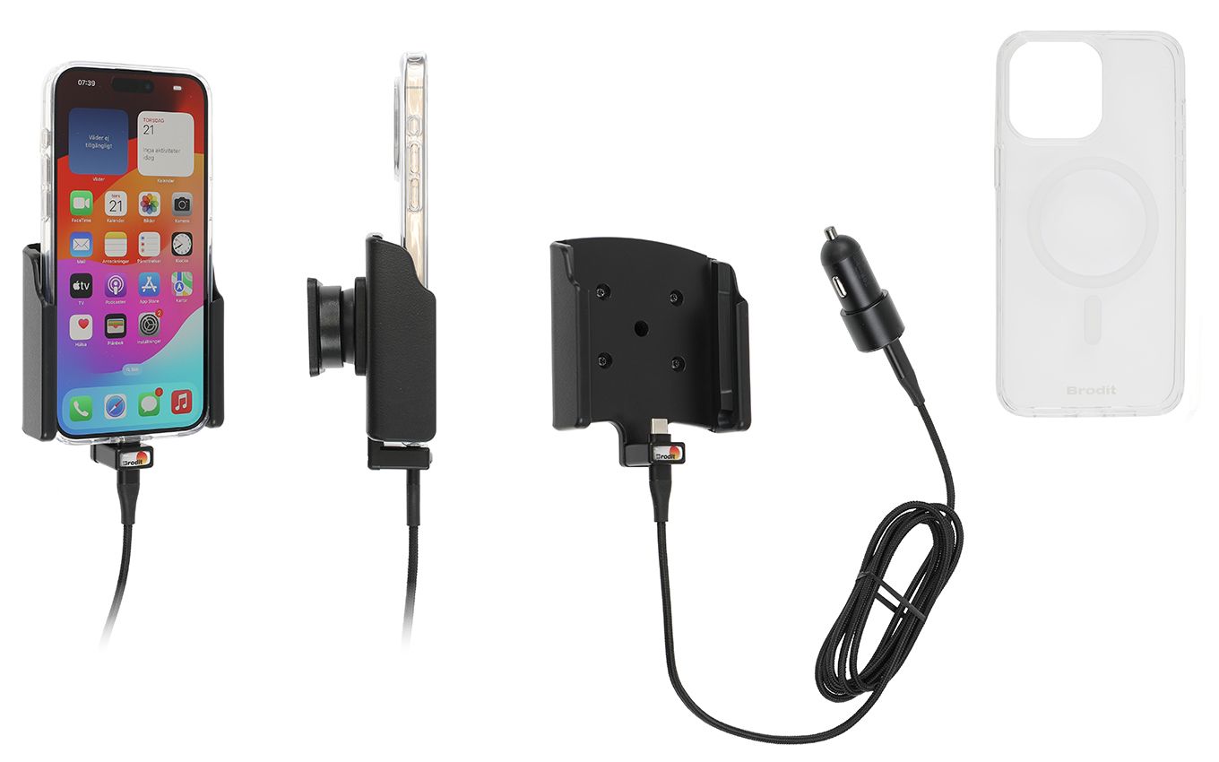 Brodit houder/lader iPhone 15 Pro Max USB sig - with case